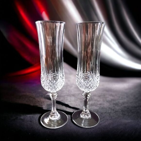 Cristal D Arques Longchamp Champagne Flutes Pair Diamax Crystal Clear France - Picture 15 of 16